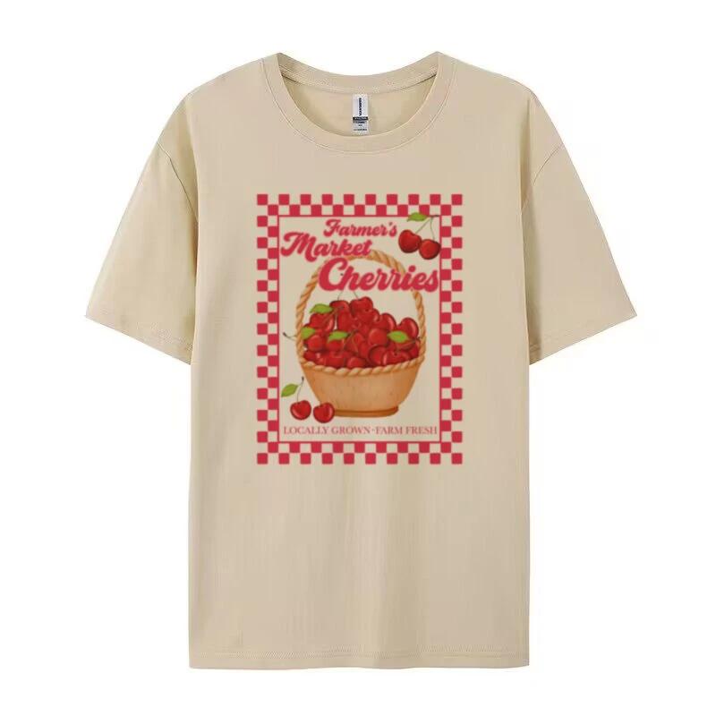 Cute Farmers Market Cherry Tshirts Short Sleeve Vintage Gardening Graphic Tee Cottagecore Top Women Aesthetic Clothing Oversized