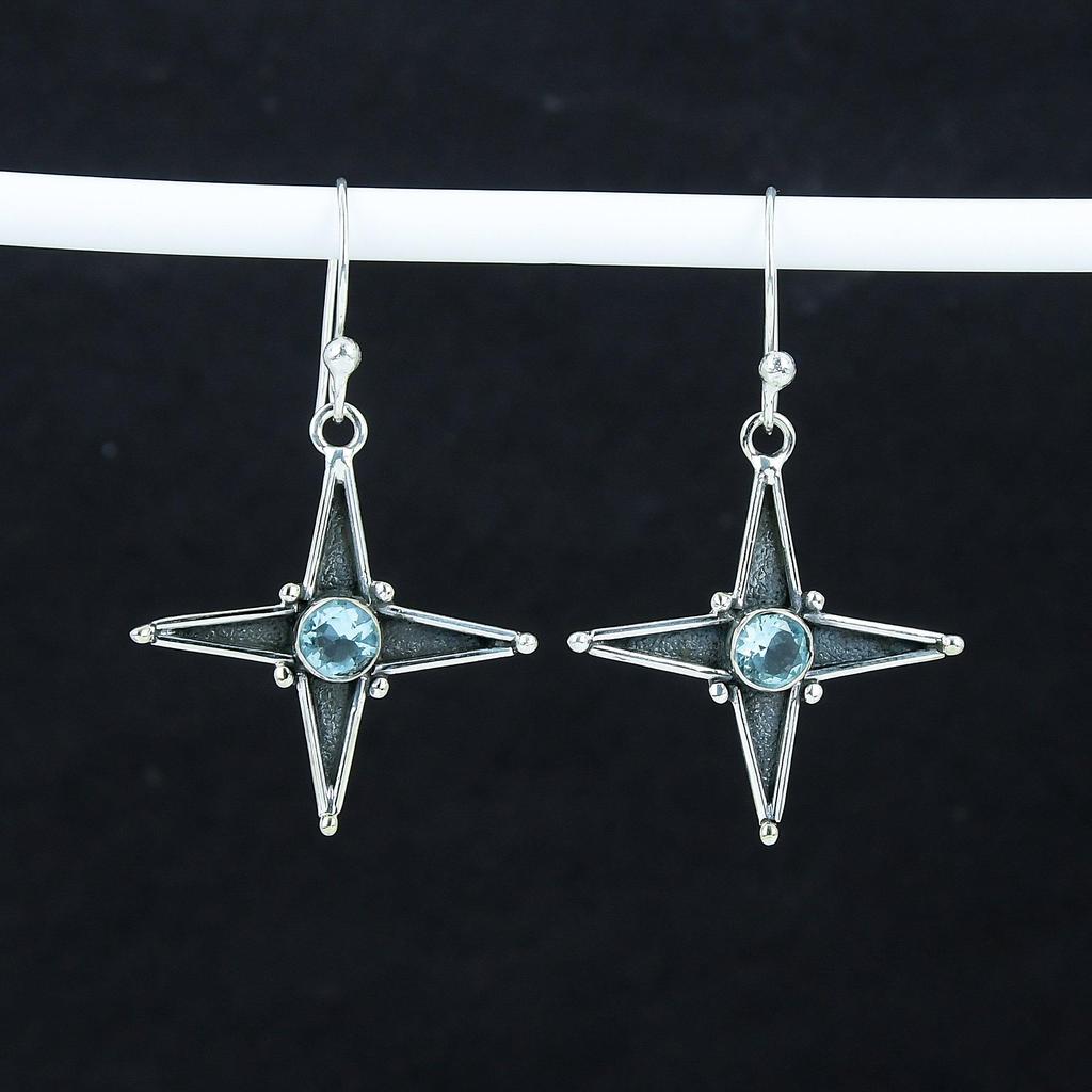 Dainty Blue Topaz Gemstone Star Shape Earrings, 925 Sterling Silver Earring, Handmade Boho Silver Jewelry Dangle Earrings, Party Wear Gift