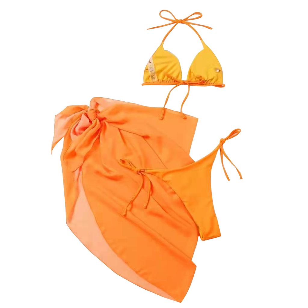 Women's Summer Fashion Sexy Solid Color Backless Lace-up  Waist  Veils Knot Hem Bikini  Three-pieces Swimsuit