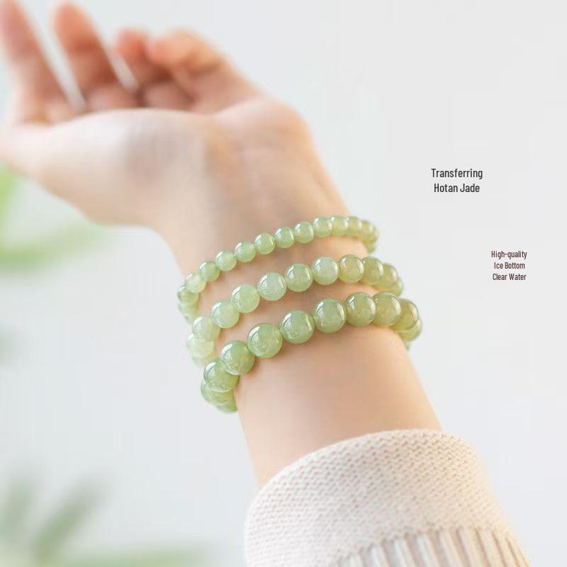 Elegant Imitation Hetian Jade Chalcedony Bracelet: High-End Green Beaded Luck Charm for Women 6mm (~30 beads)