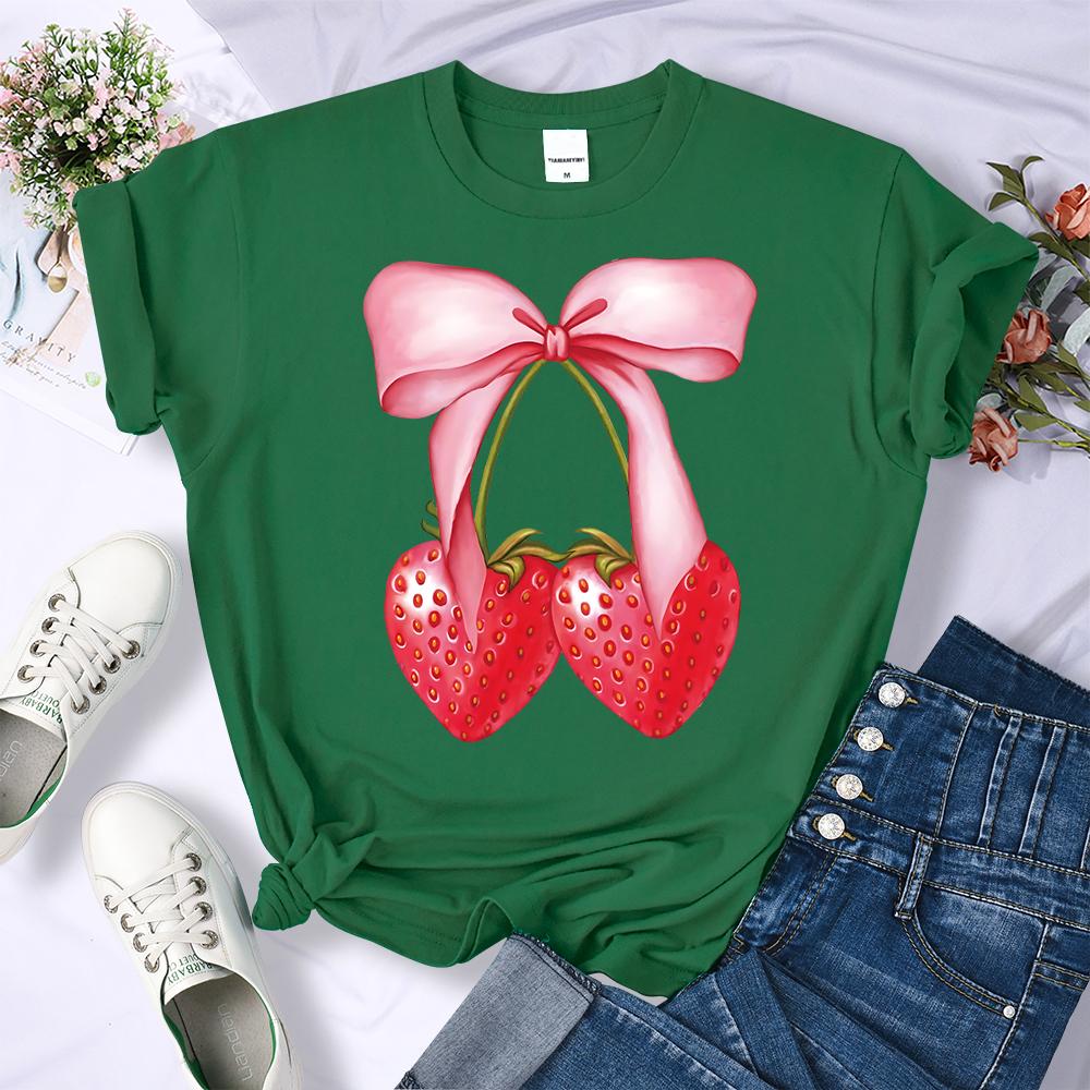 Summer Pink Bow Strawberry Design Pattern 3D Printed T-Shirts Women Crewneck Casual Multicolor Tee Tops Summer Soft Short Sleeve