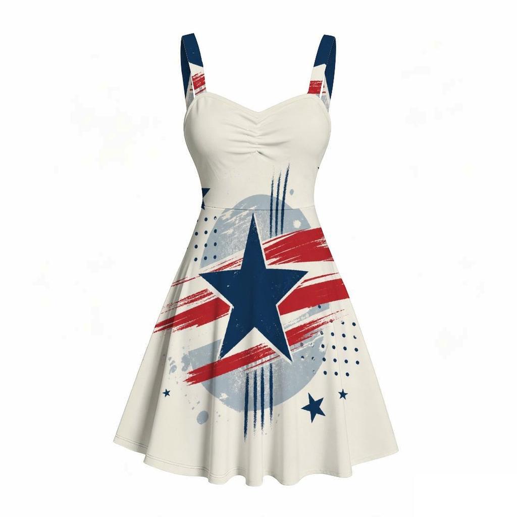 Women Plus Size Off Shoulder Sleeveless Strappy Star Stripe Printed Flared Dress