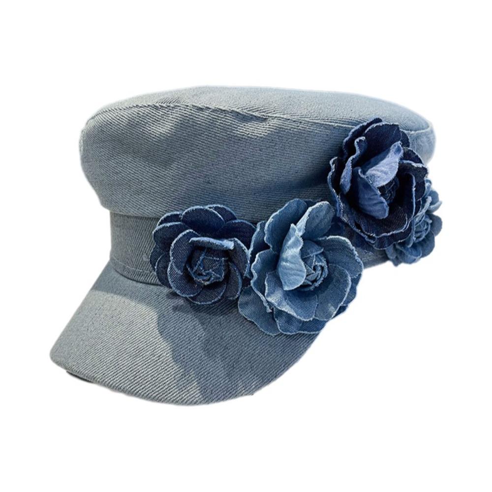 Adjustable Flower Flat Top Hat Artistic Painter Caps Trendy Denim Camellia Beret Hat  Travel