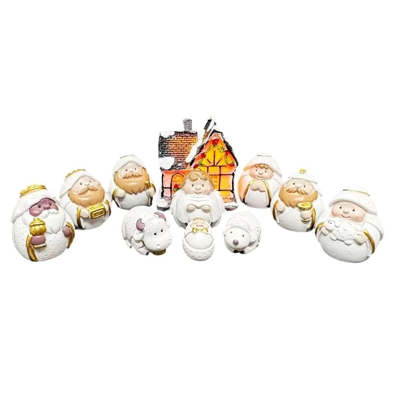 Christmas Nativity Scene Miniature Figurines Decorations With Soft LED Lighted House Resins Craft Cartoon Ornaments Set