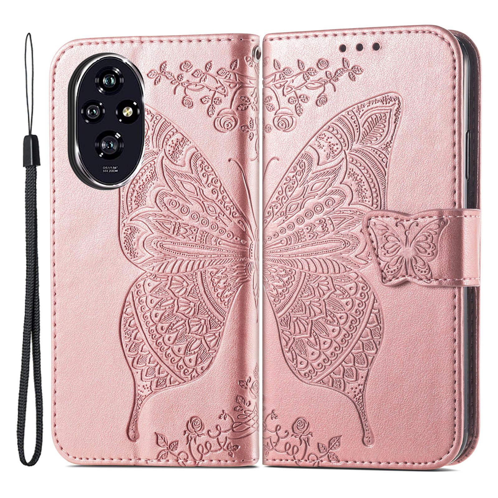 

For Honor 200 Pro 5G Case Wallet PU Leather Phone Cover Imprinted Butterfly Flower Rose Gold