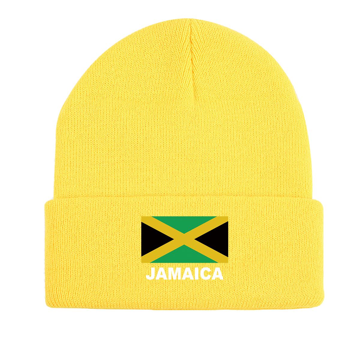 Флаг Ямайки Зимняя вязаная шапка Beanie, патриотическая шапка-череп, эластичная манжета, стильный головной убор, вязаная шапка Beanie as the picture жёлтый