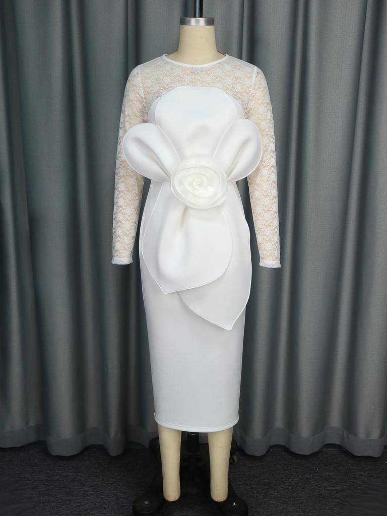 Elegant White Midi Dress for Women Lace Sleeve Bodycon Style with Oversized 3D Flower Front Church Wedding Guest Formal Evening Outfit