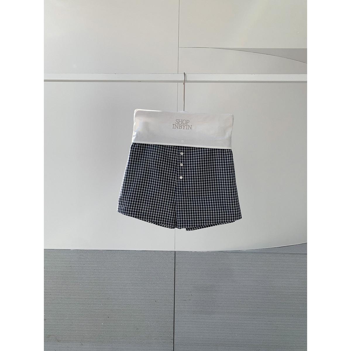 Yi En Ou Korean-Style Plaid Elastic Waist Button Shorts - Slim Casual Women s Wear Small