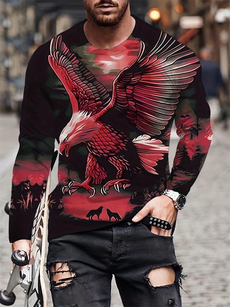 Men's Eagle Hand-painted Pattern Casual T-Shirts Long Sleeve Streetwear 3D Animal Printing Hip Hop Male Tops Tee Plus Size 4XL
