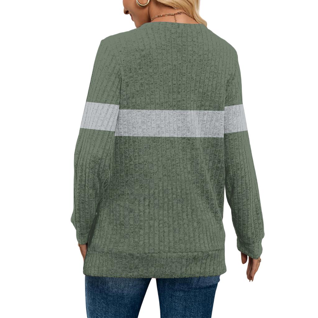 Women's Fashionable Oversized V-Neck T-Shirt With Striped Patchwork Print Long-Sleeved Pullover Top