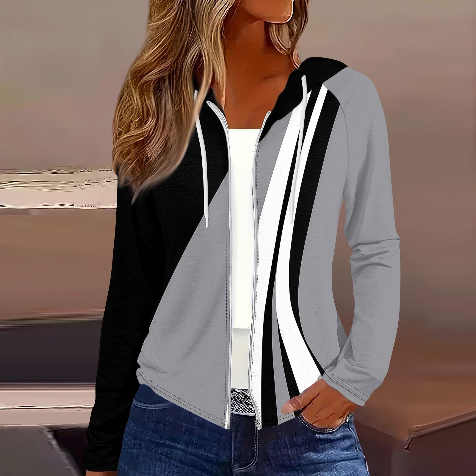 

Жіноче модне повсякденне пальто з принтом і довгими рукавами з капюшоном і блискавкою M