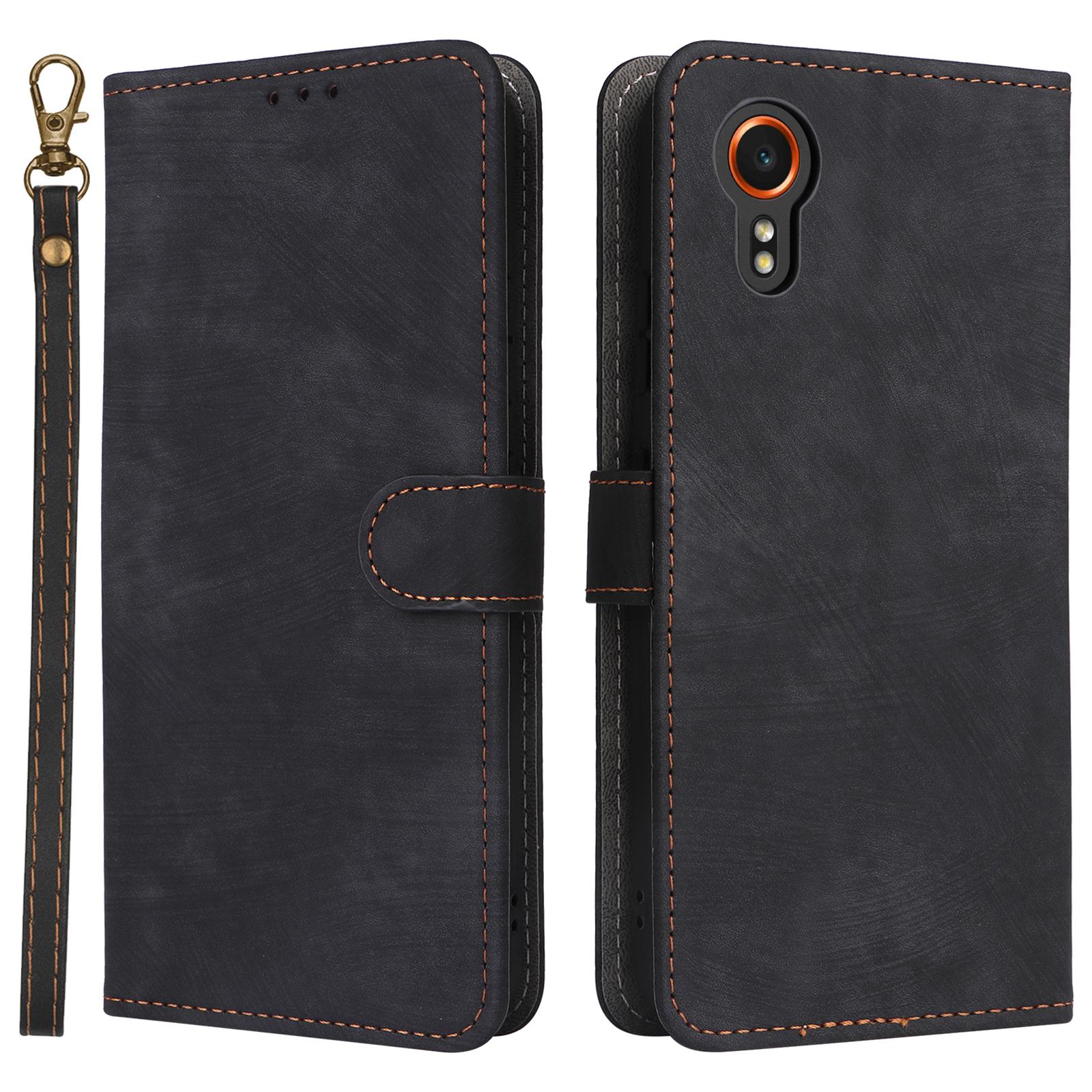 Для Samsung Galaxy Xcover7 Кожаный чехол-кошелек с ремешком и RFID-блокировкой Black
