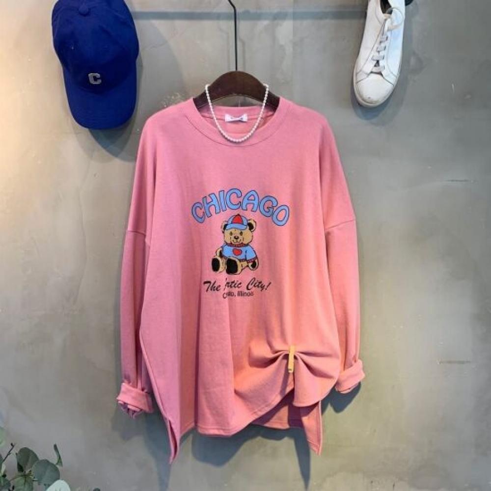 C S In The Room looSe Fit Bear prInt Side Slit SweatShirt 3Color