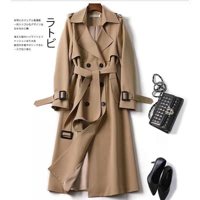Women s Lapel Double Breasted Long Trench Coat Belted Waist Windbreaker Polyester Elegant Commuter Over Knee Outerwear S