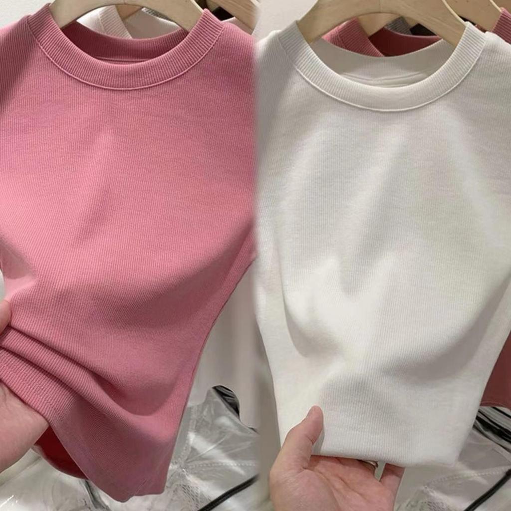 Dopamine Thread Slimming Women's Summer Short Sleeve T-Shirt – Versatile Straight Shoulder Round Neck