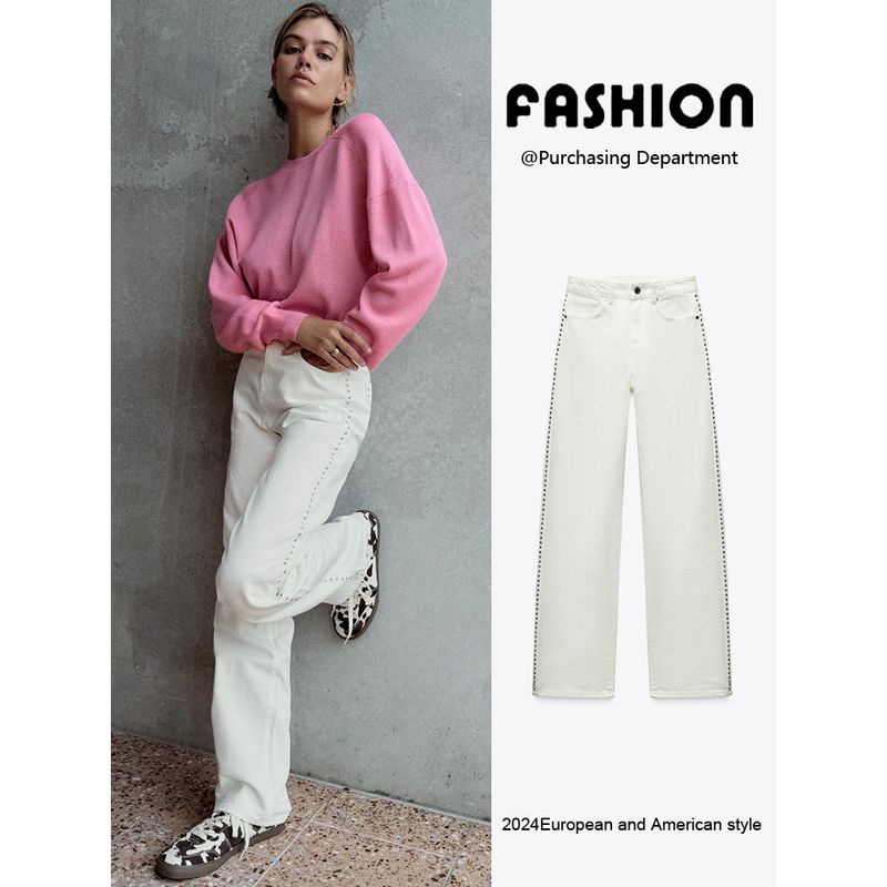 Za2025 Autumn New Women Clothes Simple and Versatile Slimming Rivet Decoration Mid-Waist Straight Jeans 6147040