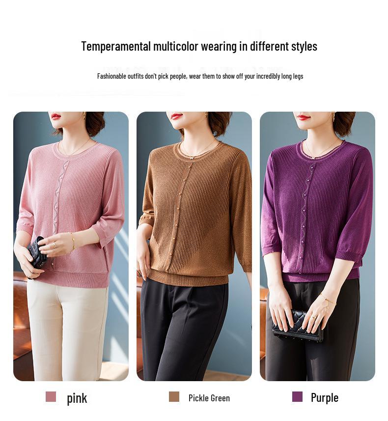 Stylish Thin Base Layer Knit T-Shirt for Middle-Aged Women, Small Size, Mid-Sleeve, Perfect for Spring and Autumn