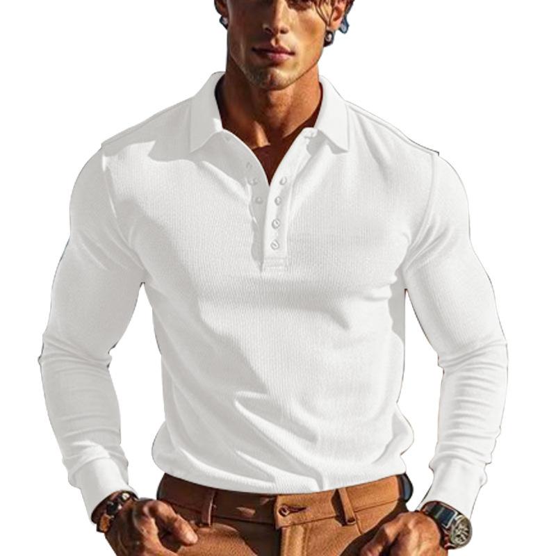 New Men's T-Shirt: Waffle Weave Casual Collared Button-Down Slim-Fit Long-Sleeved Polo Shirt
