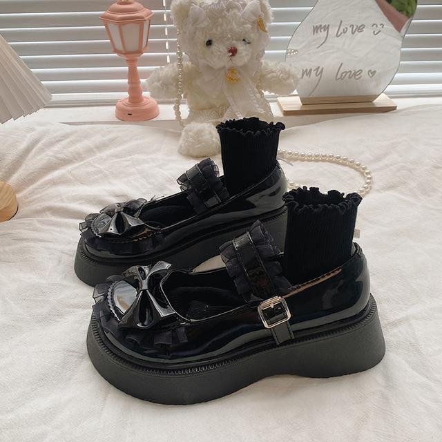 

Милые кружевные женские туфли Мэри Джейн на среднем каблуке, милые туфли Лолиты на платформе с бантом, женские нескользящие туфли Jk с круглым носком и толстой подошвой 36 чёрный