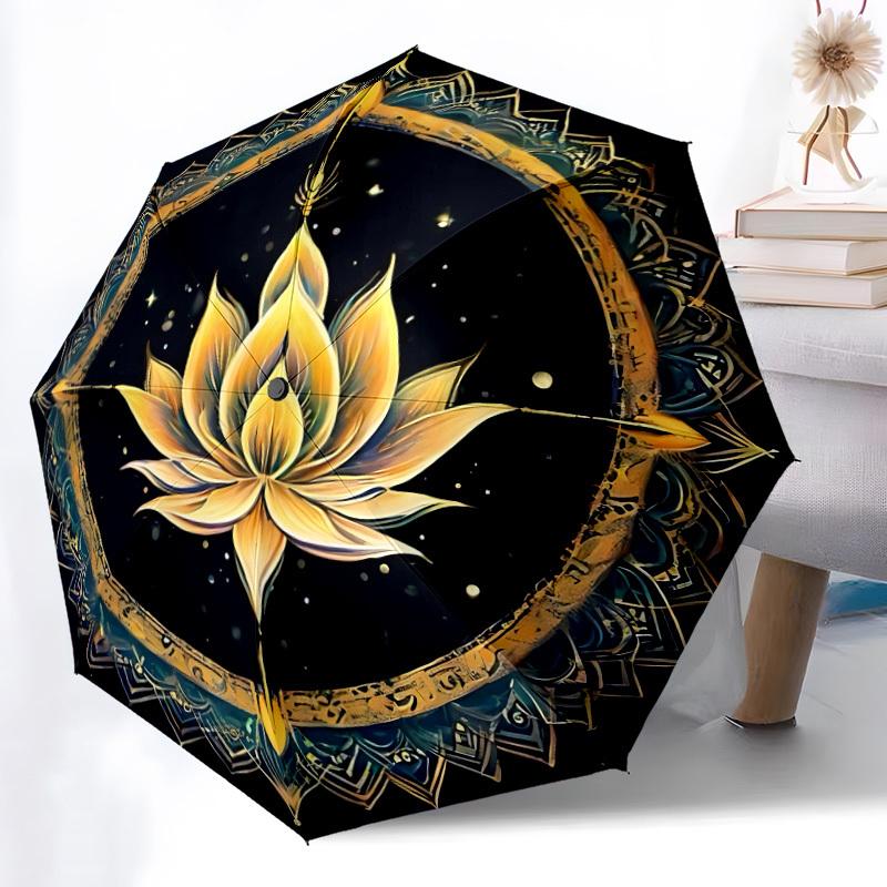 1pcLotus Mandala Automatic Folding Umbrella with 8 Bones, Portable 3-Fold Collapsible Compact Design On-the-Go Essential, Casual Outdoor Acc