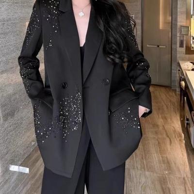 Black High-grade Rhinestone Small Suit Jacket Female Coats Spring Autumn Double-breasted Loose Casual Fashion Blazer Tops