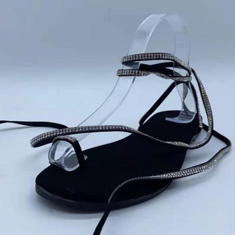 Summer New Popular 2025 Women Shoes Shiny Diamond Flat with Party Solid Black Ladies Sexy Sandals Cross Strap  Zapatos De Mujer
