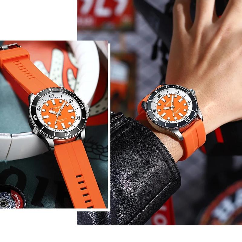CURREN Men's Fashion Quartz Watch Outdoor Large Dial Luminous Waterproof Silicone Strap Sport Wristwatch