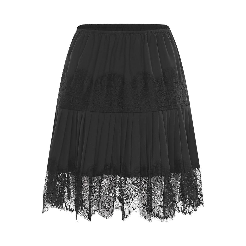 Women‘s Vintage Elastic Waist Skirt Eyelash Lace Pleated Hem Extender Half Slip Underskirt Layering