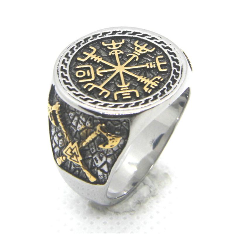 

Solid Axe Compass Ring Stainless Steel Amulet Rune Odin Norse Triangle Vintage Vikings Rings 7 золотистый