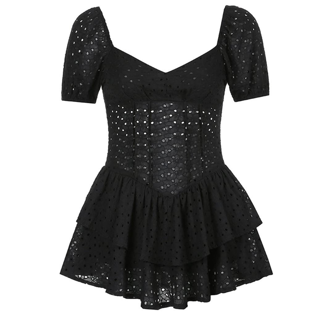 Women's Fashion Sexy Hollow Square Neck Bubble Sleeve Double Layer Dresses