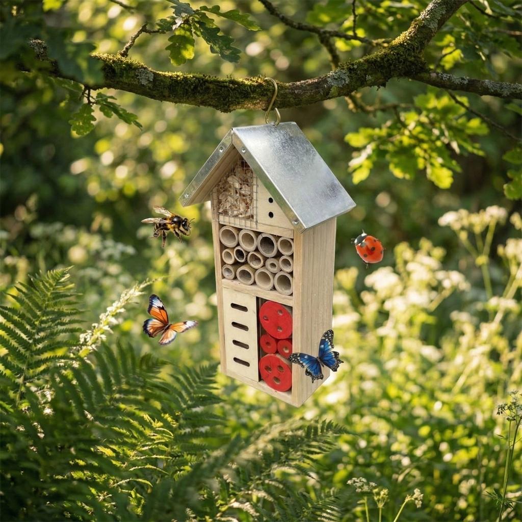 Natural Wooden Insect Hotel, Bee House For Garden, Garden Insect House For Ladybugs, Lacewings, Butterfly, Bee,