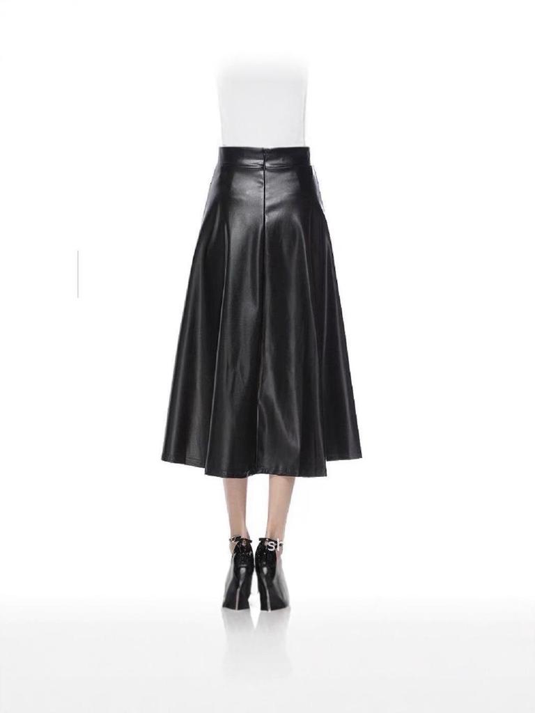 2025 European Early Spring Fashion High Waist Long Flare Leather Skirt for Women