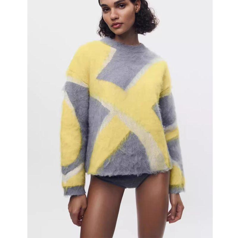 Fall and Winter New Arrival Women's Clothing Oumeitong Diligent Style Loose Round Neck Long Sleeves Splicing Knitwear Sweater 2893118