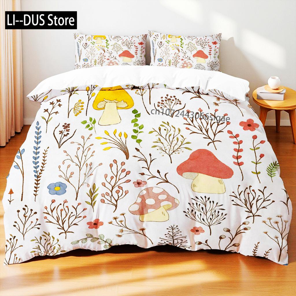 Ložní souprava s motivem hub Barevné houby Listy Motýli Přírodní styl Povlak na přikrývku velikosti Queen Prostěradlo Povlaky na polštáře Domácí textil