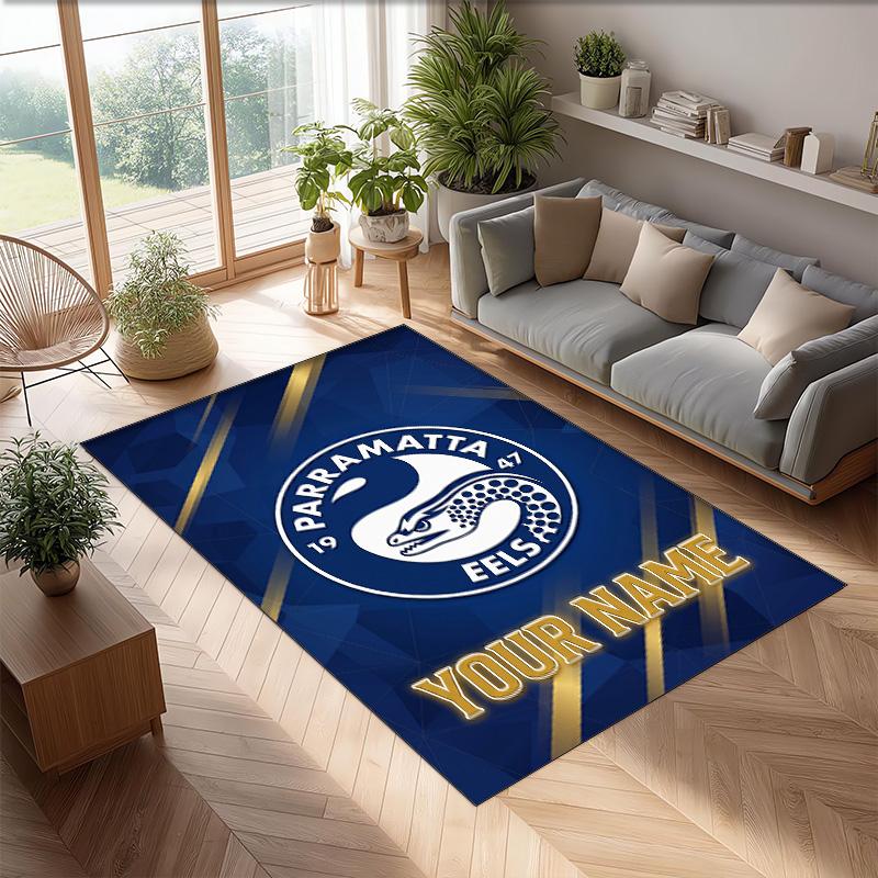 Parramatta Eels Crystal Velvet Rug, Custom Name Text Personalized Non‑Slip Floor Mat for Home Decor Gift