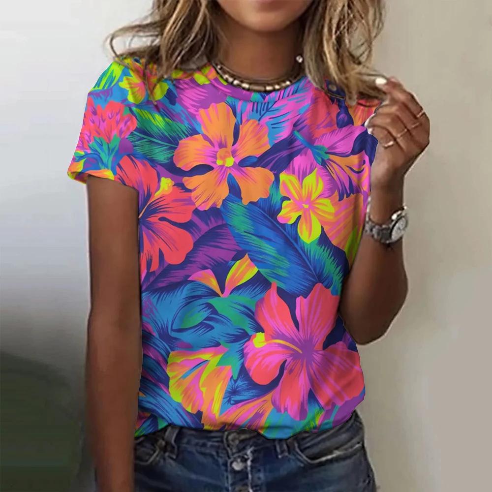 Summer New Colorful Flower Floral 3D Print Women's O-Neck Short Sleeves Y2k Harajuku Tops
