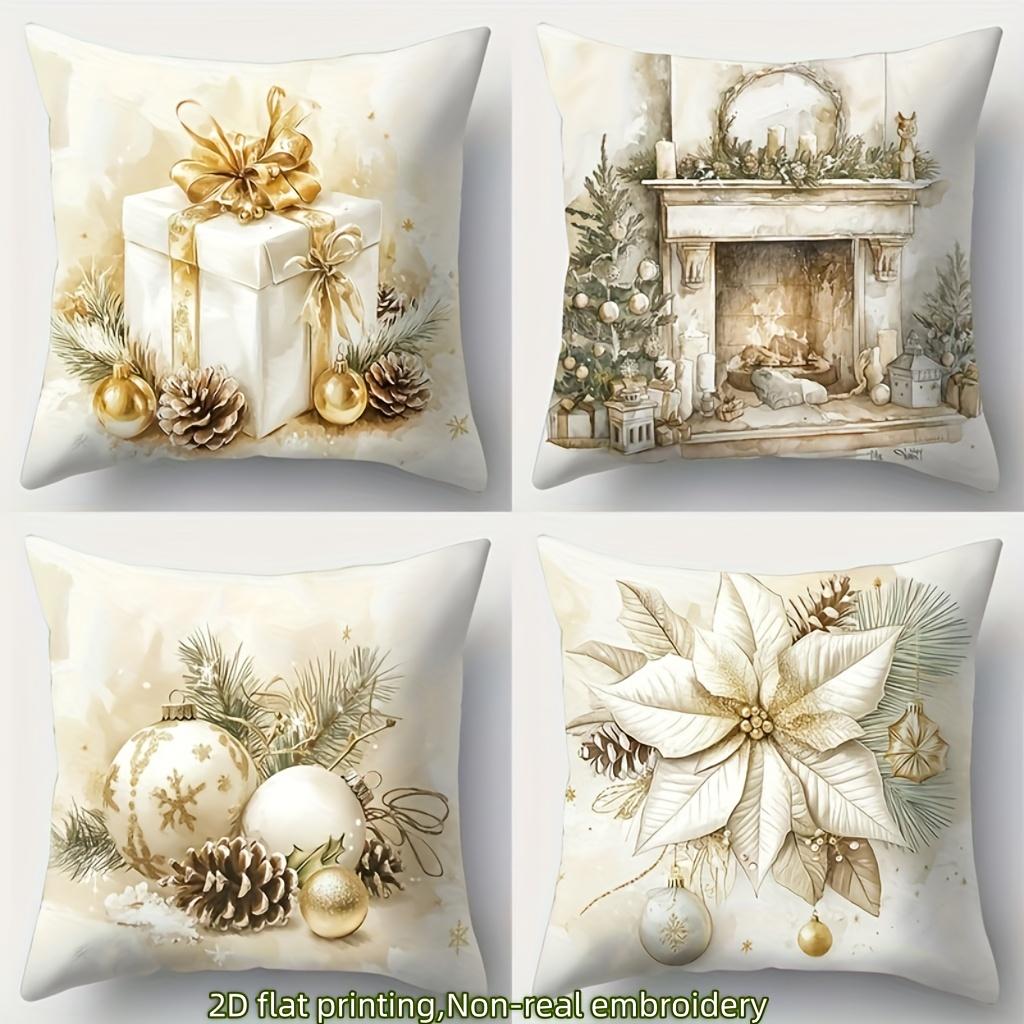 4pcs Christmas Pillow Cover Set – Gold Gift Boxes, Fireplace Snow Scene, Ornaments & Poinsettias for Sofa or Bedroom 4PCS