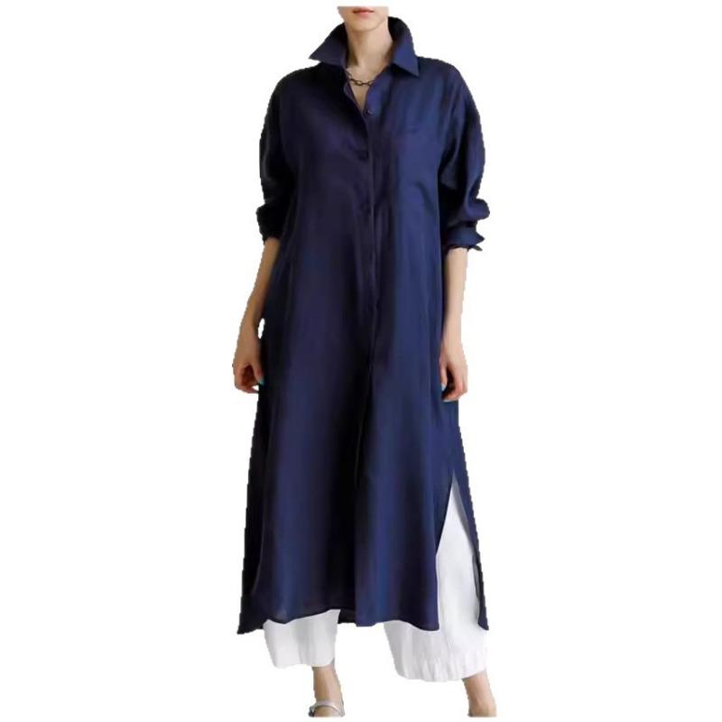 Robe Chemise Longue Décontractée Irrégulière à Manches Longues de Couleur Unie pour Femme
