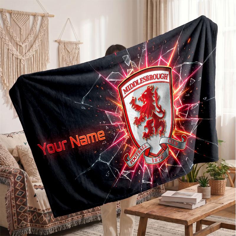 Couverture polaire personnalisée Middlesbrough FC avec logo de football, texte de nom personnalisé, couverture jetée douce et chaude pour la maison