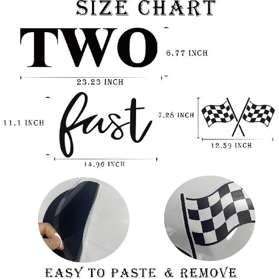 Two Fast Birthday Decal Sign for Backdrop, Race Car Theme Stickers 2 Fast Birthday Decorations for Boys, Happy 2nd Birthday Party Decor, Black 2 Fast