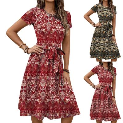 Women's Fashionable Retro Patterned Printing Color Blocked Belt Casual Dress