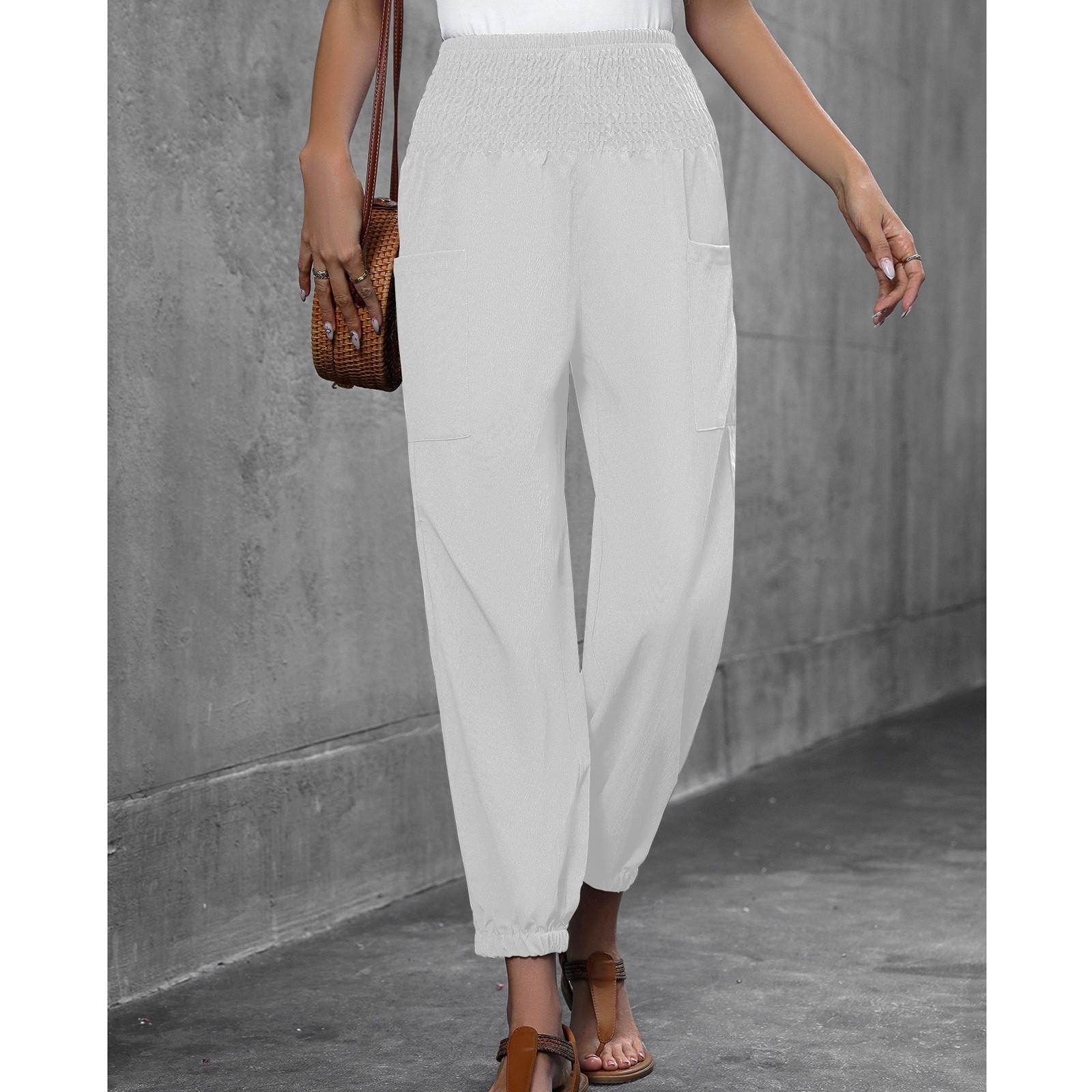 

Женские повседневные свободные однотонные брюки с карманами и высокой посадкой, повседневные брюки, брюки в обтяжку XL белый