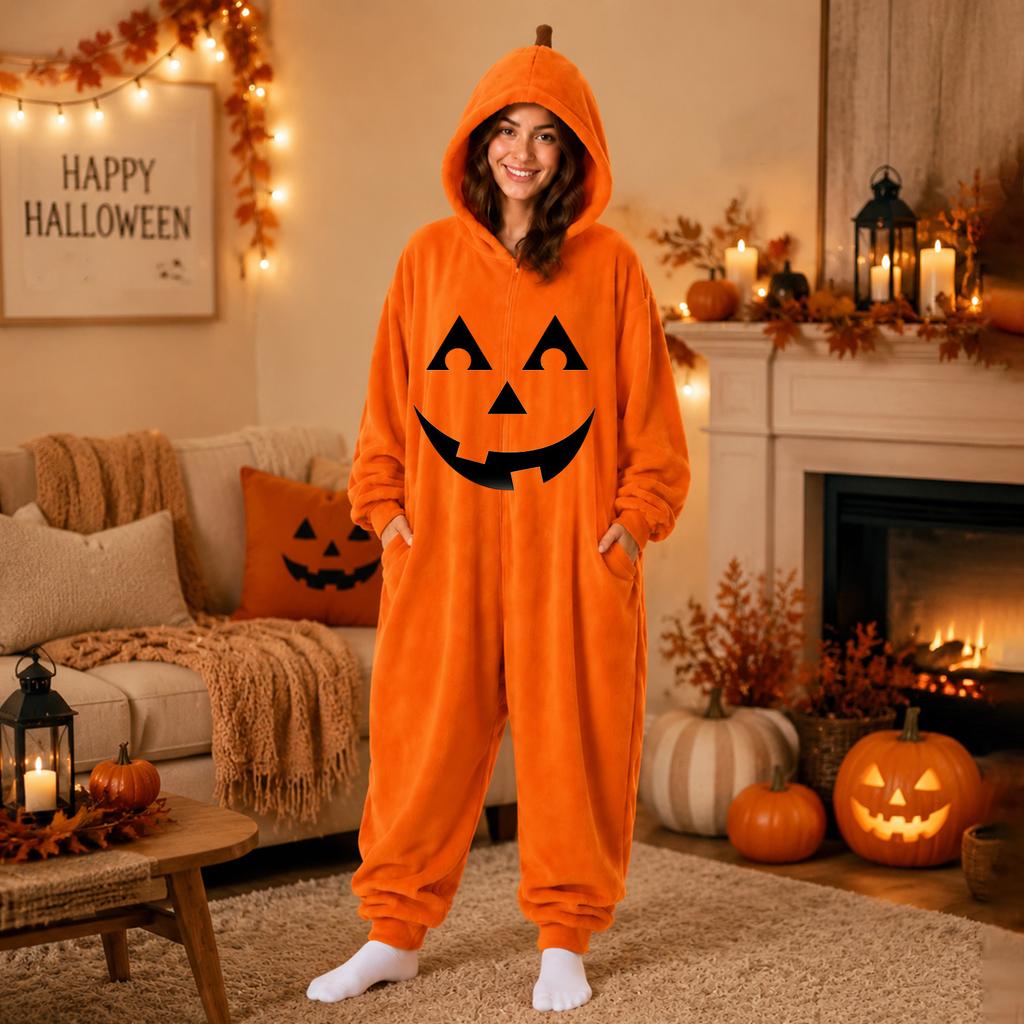Women's Halloween Flannel Jumpsuit Loungewear Set for Holiday Parties