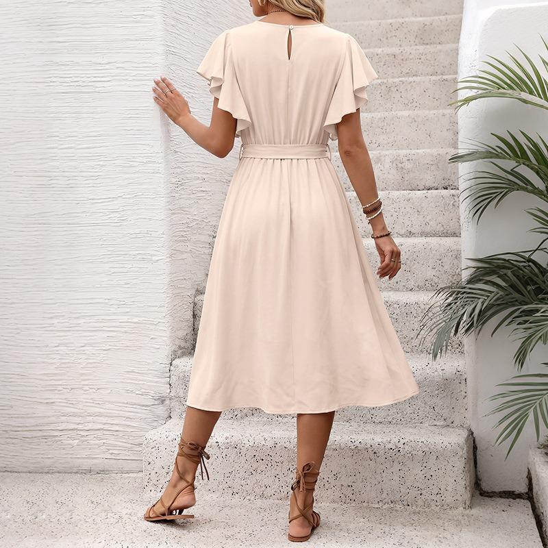 Abiti casual a vita alta con scollo a maniche corte e stampa tinta unita primavera estate moda donna