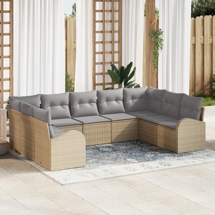 VidaXL Ensemble de Canapé de Jardin 9 Pièces avec Coussins Beige Poly Rattan 3346200