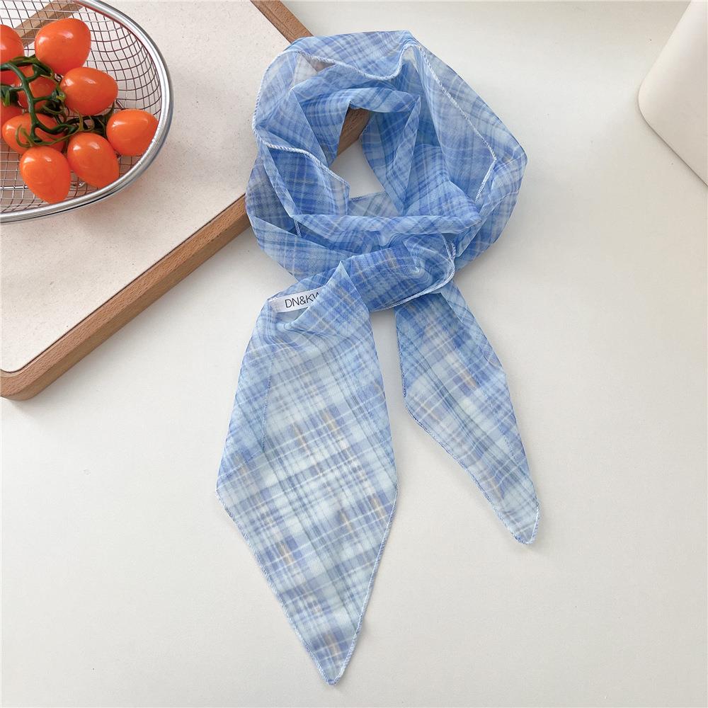 Fashion Korean Thin Silk Scarf Y2k Vintage Plaid Long Ribbon Neckerchief Summer Decorative Silk Scarf Hair Scarf Travel Photo