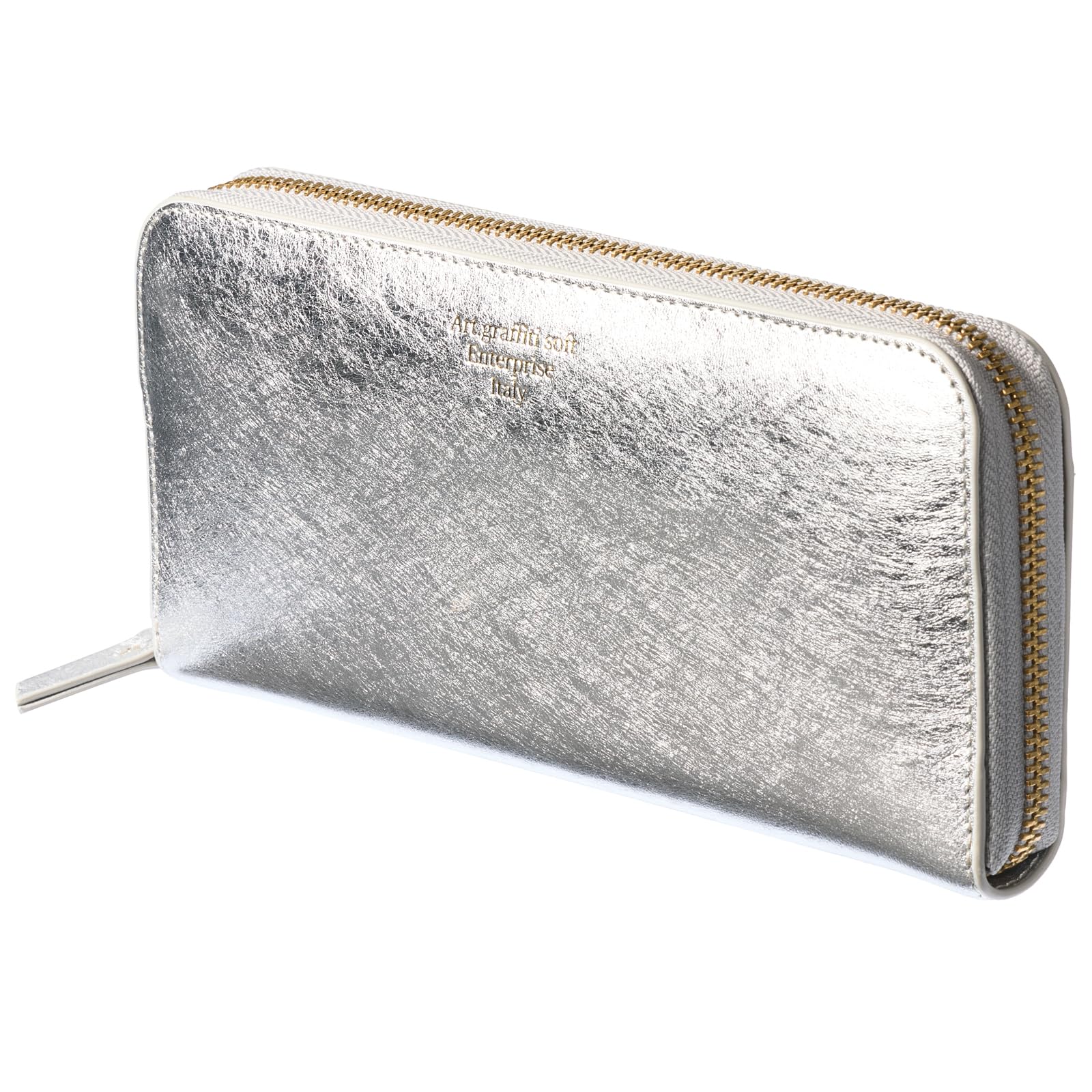 

[VOICE] Align Graffiti Italian-Made Cowhide Leather Women s Vertical Card Slots Round Zipper Long Wallet, Gift Boxed, Silver