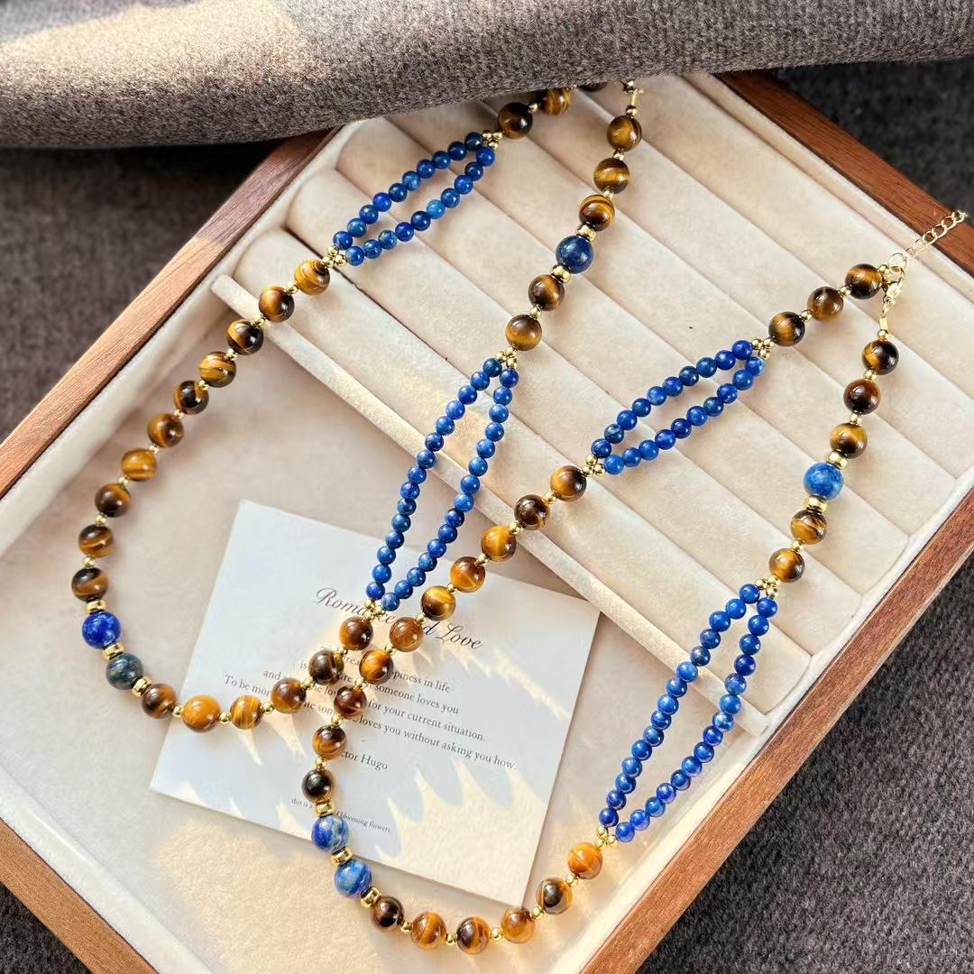 

Maillard Retro High Matching Natural Tiger S Eye Stone Lapis Lazuli Design Sense Collarbone Chain Necklace