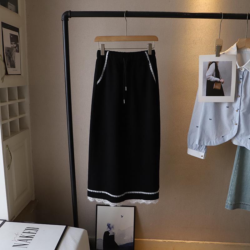 

Bi Zheng 2025 Юбка-миди с кружевной отделкой в корейском стиле, приталенная, с разрезом для женщин L чёрный