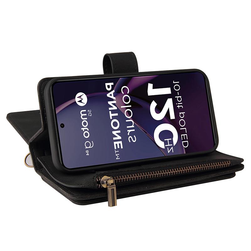 For Motorola Moto G84 5G Lommeboketui med glidelås, 15 kortlommer og stropp, telefondeksel i skinn